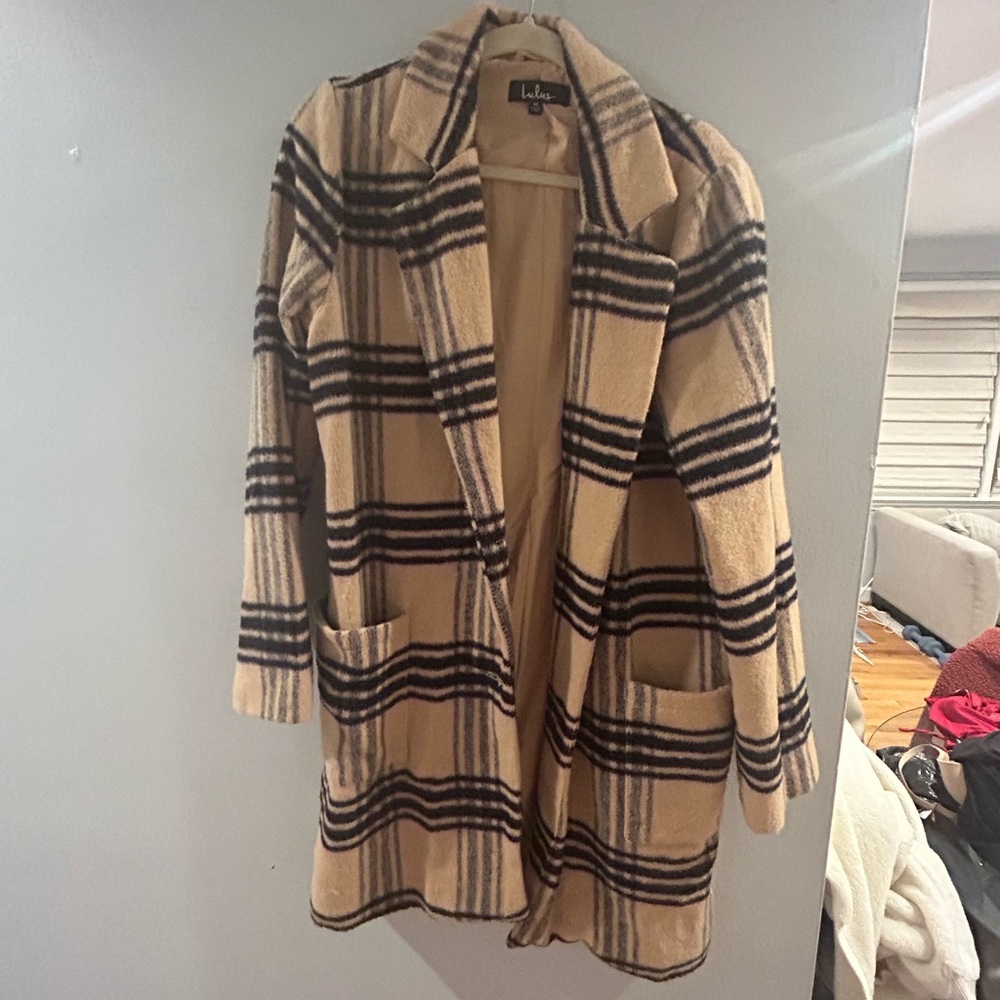 Lulus Camel and Black plaid pea coat